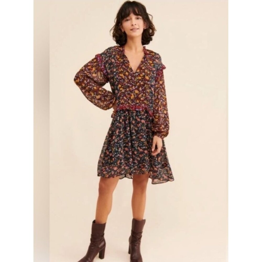 Anthropologie Helene Black Floral tunic sheer dress size Small Boho Ruffle